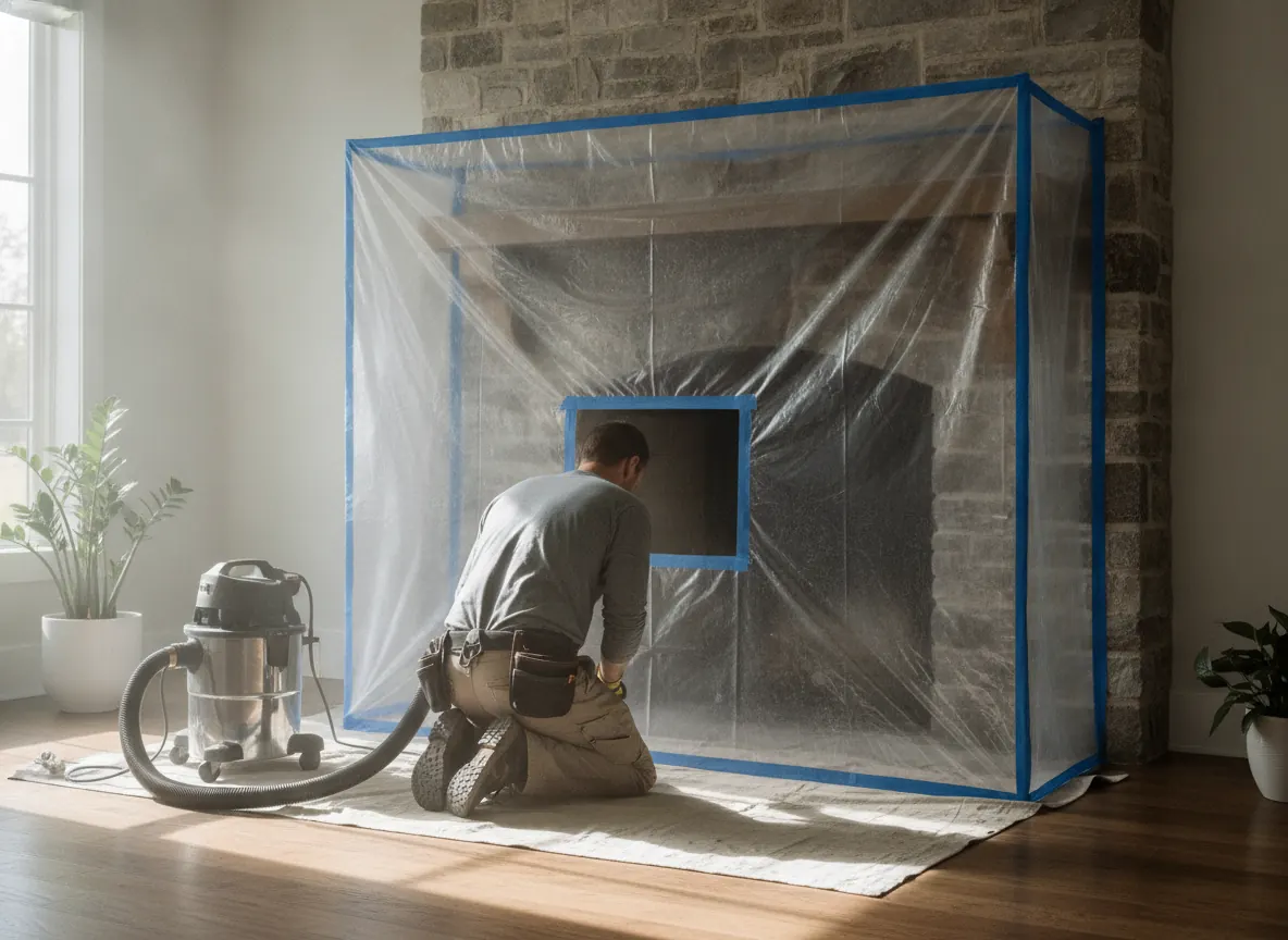 Technician working at a fireplace behind a dust barrier